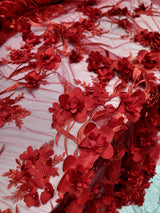 Red 3D Floral Embroidered Pearl Mesh Lace