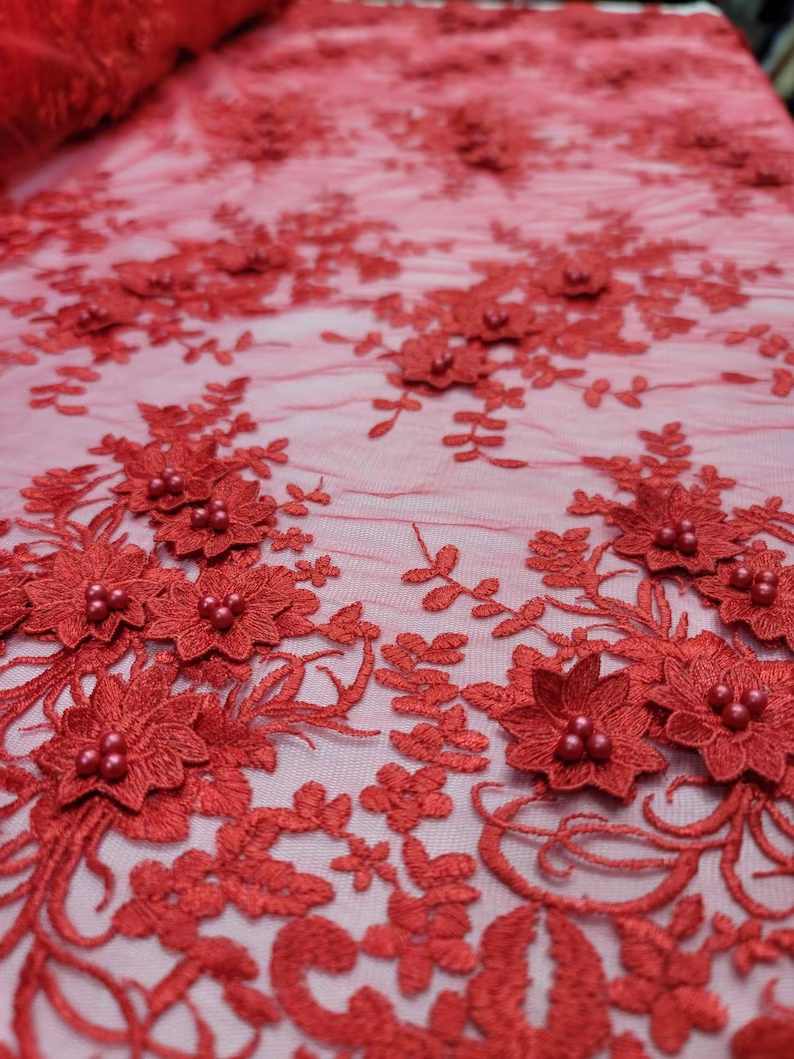 3D Flower Lace Embroidery Lace Fabric Red