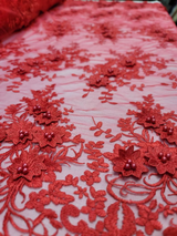 3D Flower Lace Embroidery Lace Fabric Red