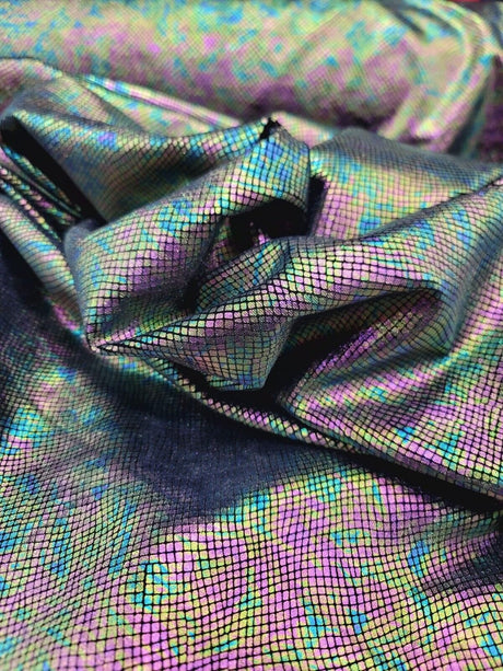 Stretch Velvet Foil Fabric Iridescent Black Green Purple