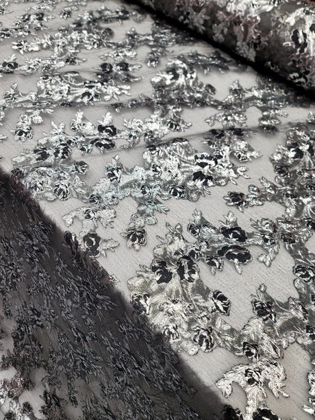 Metallic Silver Floral Brocade Fabric