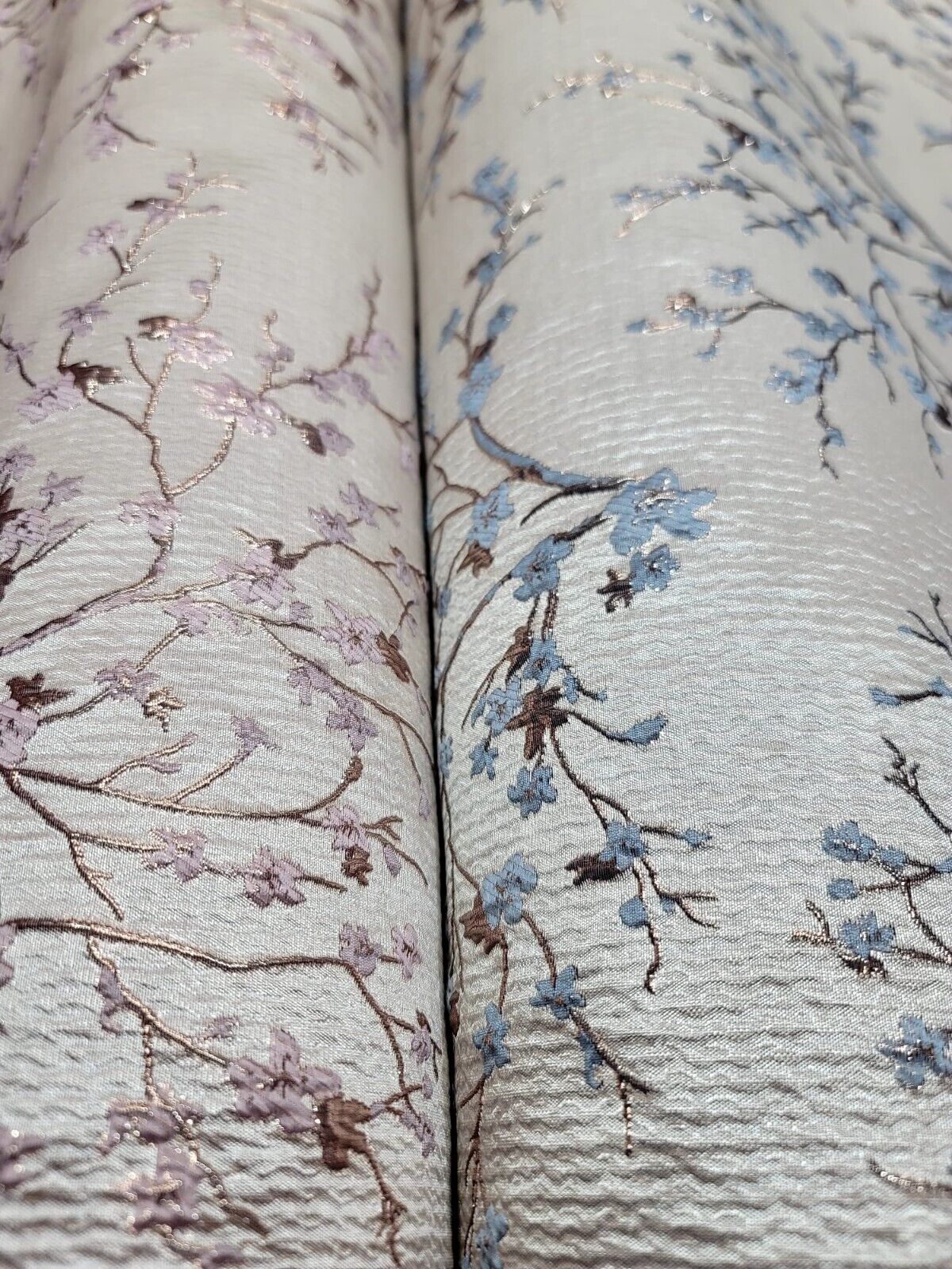 Metallic Floral Brocade Fabric Beige Pink Flowers