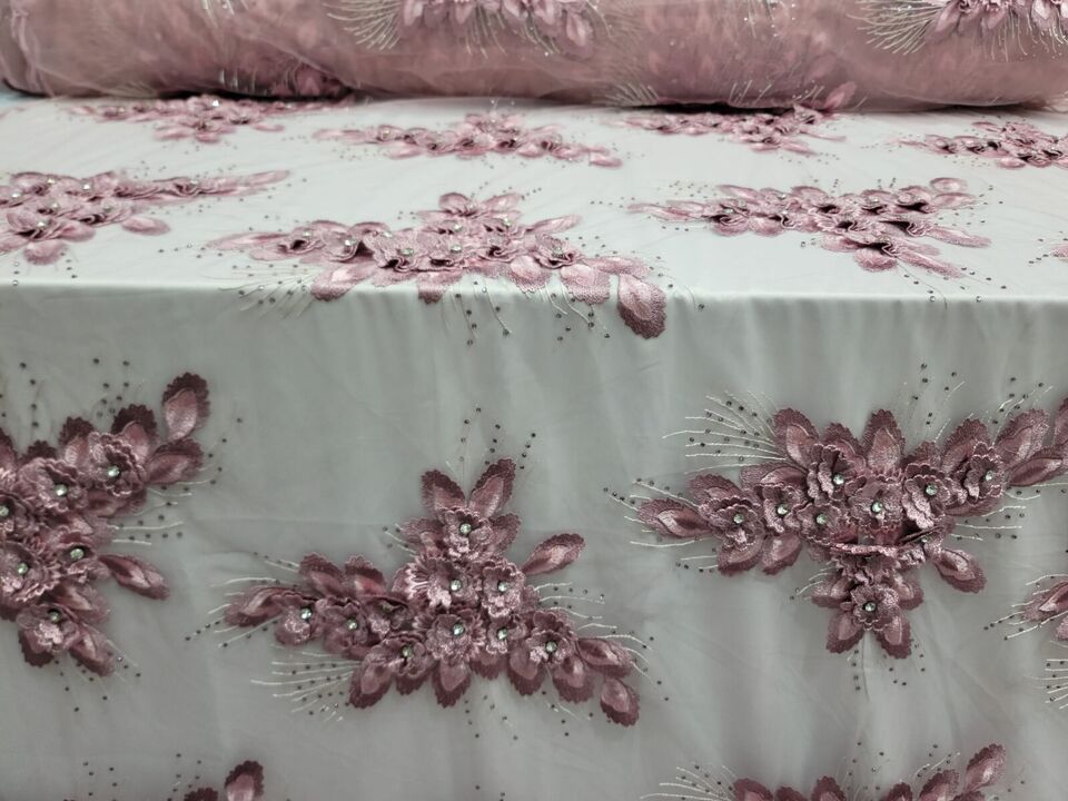3D Floral Lace Fabric Dusty Rose Mauve