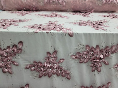 3D Floral Lace Fabric Dusty Rose Mauve