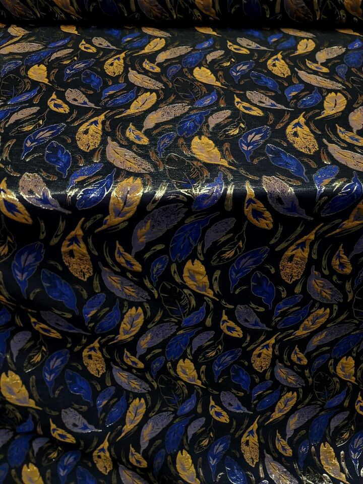 Brocade Jacquard Navy Blue Leaves Gold
