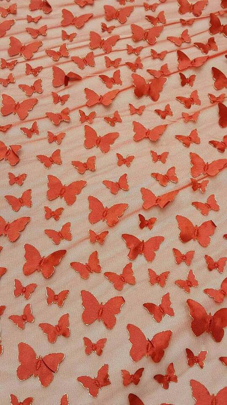 3D Satin Butterfly Embroidered Lace Red