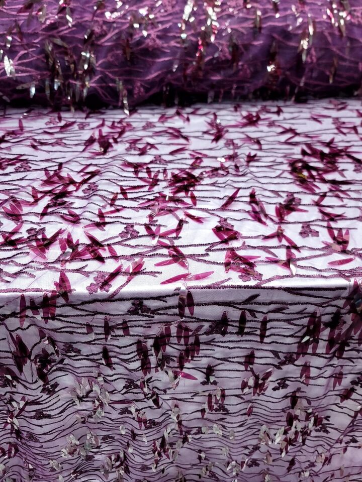 Sequined Floral Lace Embroidery in Eggplant
