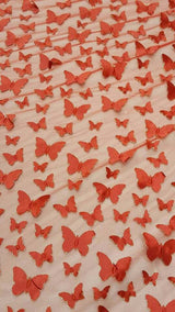 3D Satin Butterfly Embroidered Lace Red