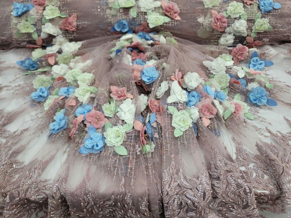 3D Beaded Lace Dusty Rose Blue Sage Floral