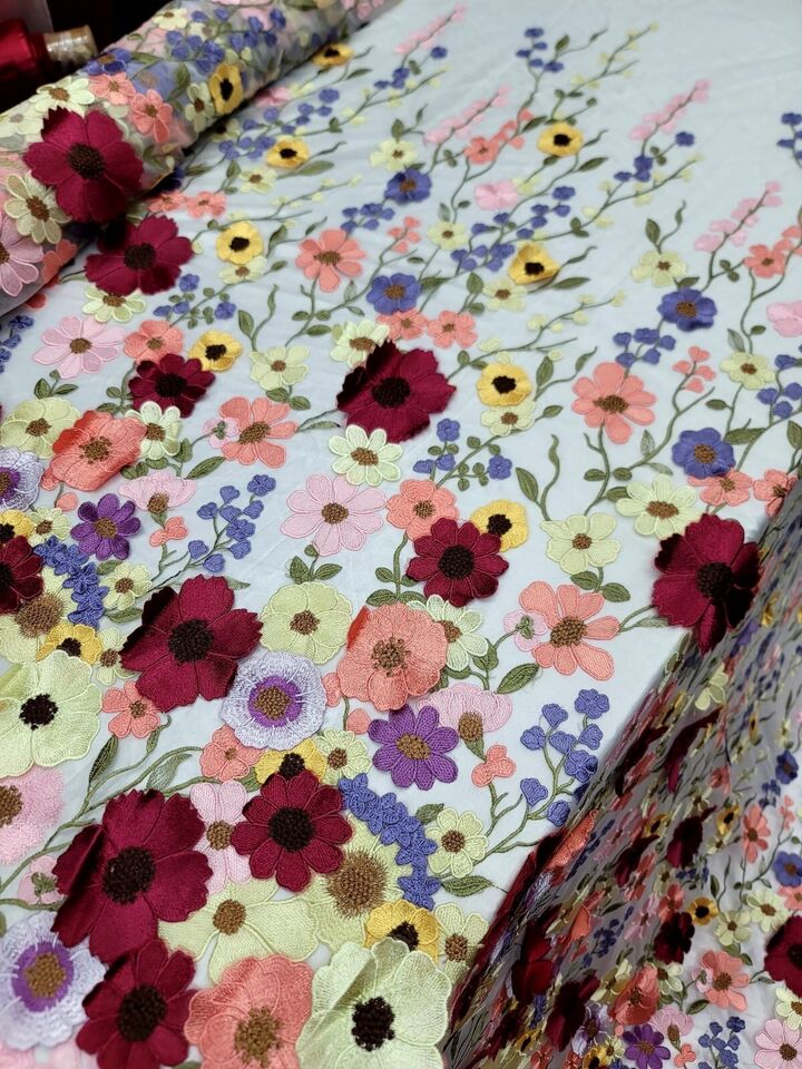3D Multicolor Flower Lace Fabric
