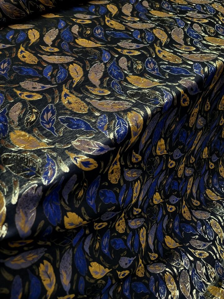 Brocade Jacquard Navy Blue Leaves Gold