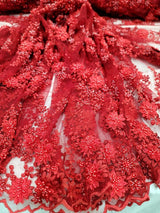 3D Floral Beaded Lace Red