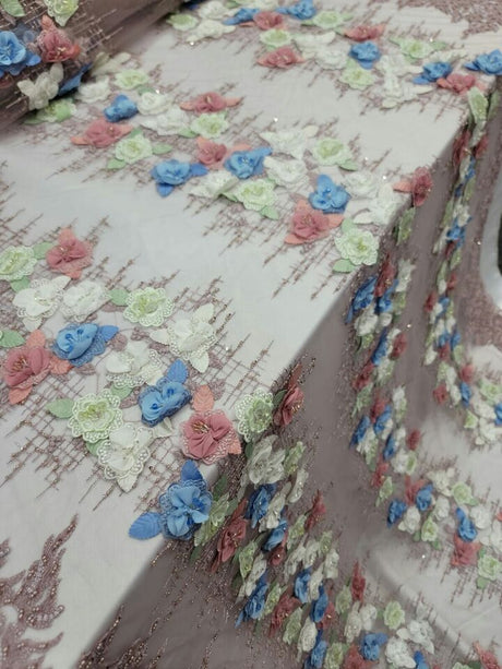 3D Beaded Lace Dusty Rose Blue Sage Floral