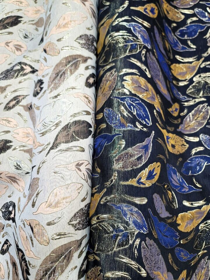 Brocade Jacquard Navy Blue Leaves Gold
