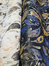 Brocade Jacquard Navy Blue Leaves Gold