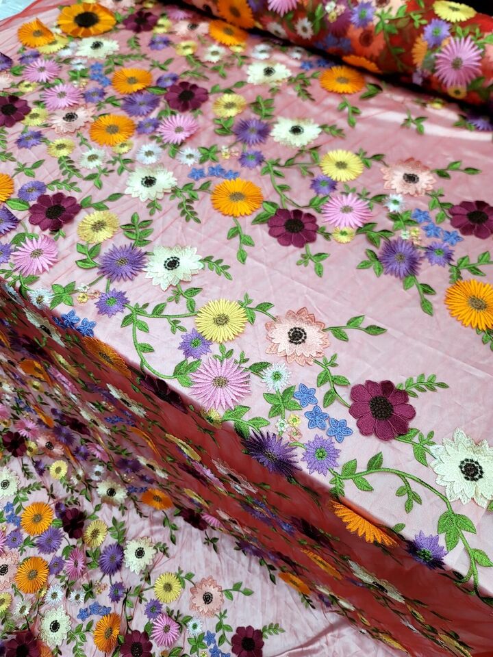 3D Flower Lace Fabric Red Mesh Multicolor