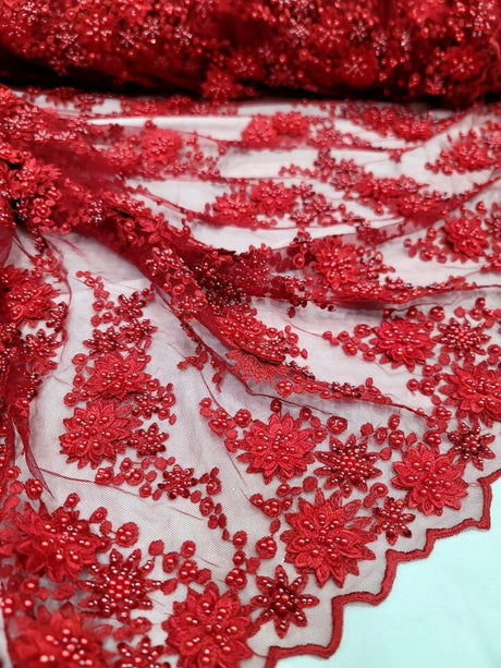 3D Floral Beaded Lace Red