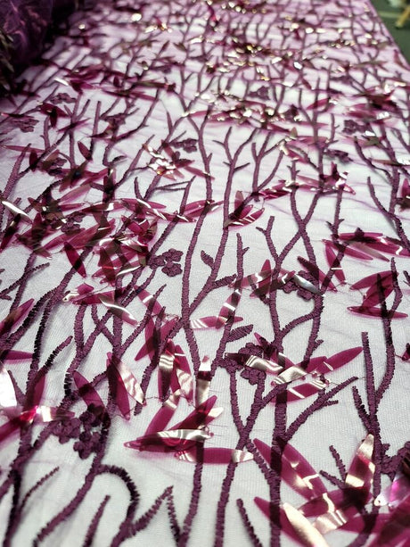 Sequined Floral Lace Embroidery in Eggplant