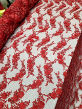 3D Floral Beaded Lace Red