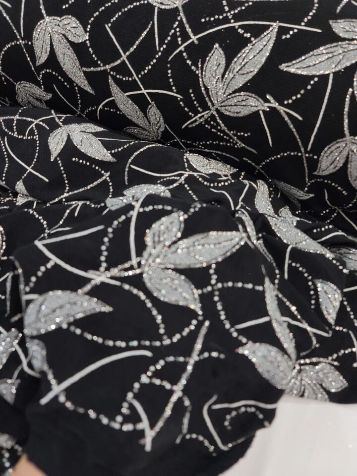 Silver Glitter Floral Black Spandex Fabric