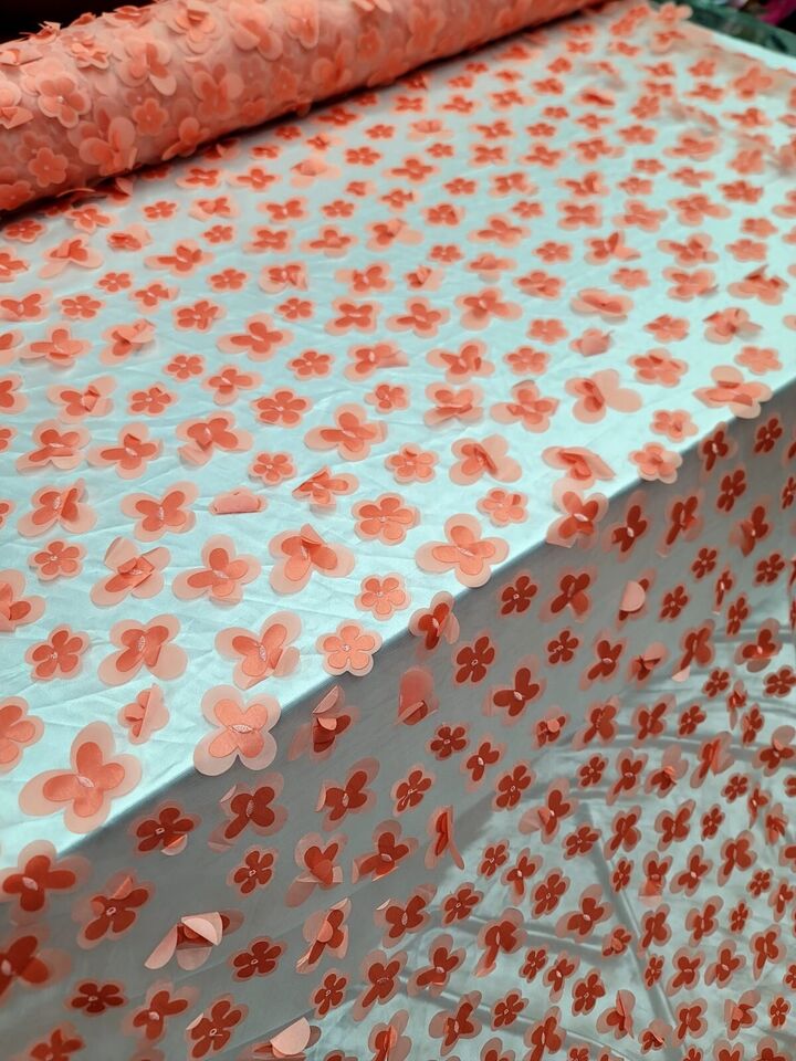 3D Floral Lace Fabric Coral with Butterflies