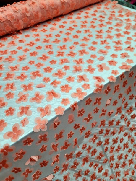 3D Floral Lace Fabric Coral with Butterflies