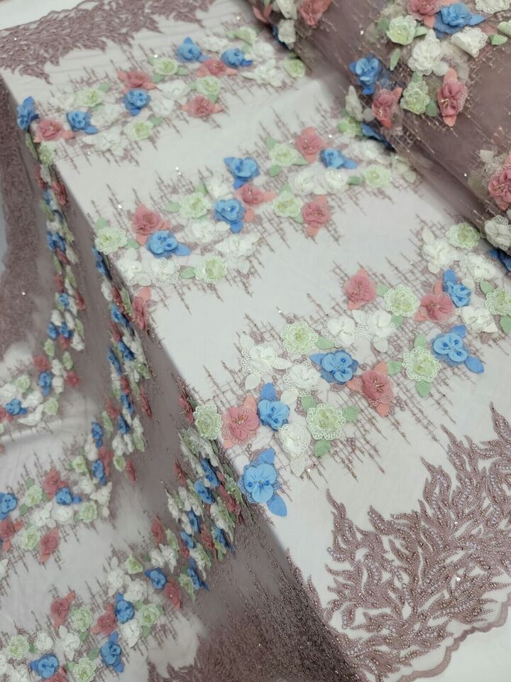 3D Beaded Lace Dusty Rose Blue Sage Floral
