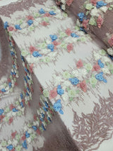 3D Beaded Lace Dusty Rose Blue Sage Floral