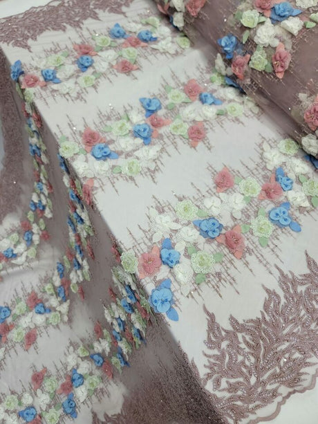 3D Beaded Lace Dusty Rose Blue Sage Floral