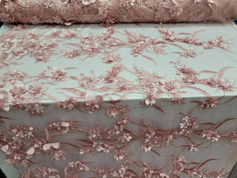 3D Floral Lace Dusty Rose Embroidered with Pearls
