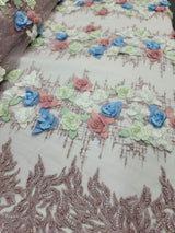 3D Beaded Lace Dusty Rose Blue Sage Floral