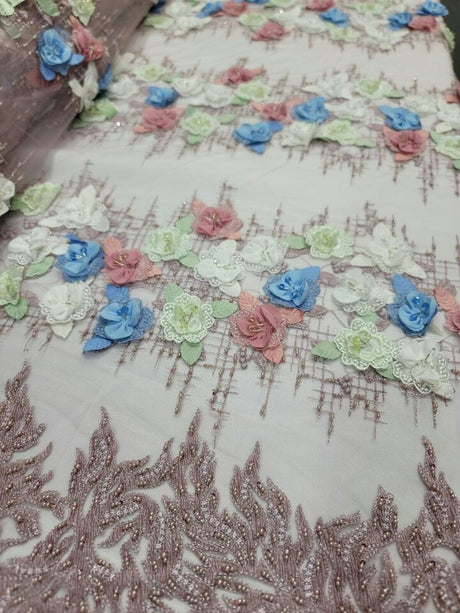 3D Beaded Lace Dusty Rose Blue Sage Floral