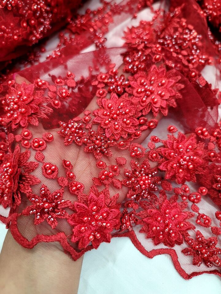 3D Floral Beaded Lace Red