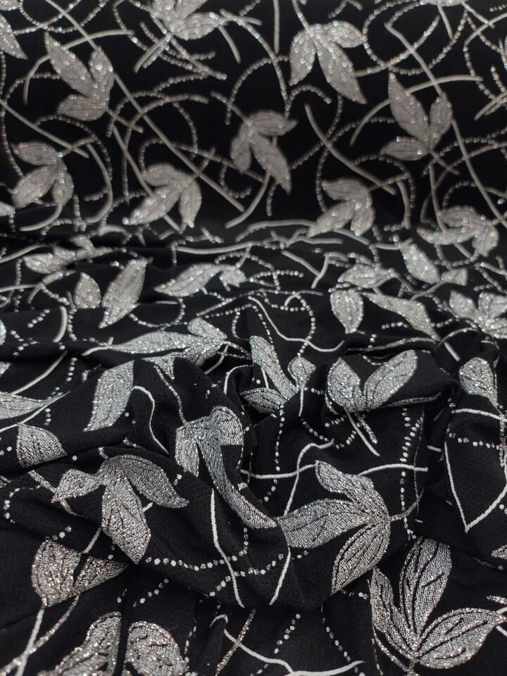Silver Glitter Floral Black Spandex Fabric