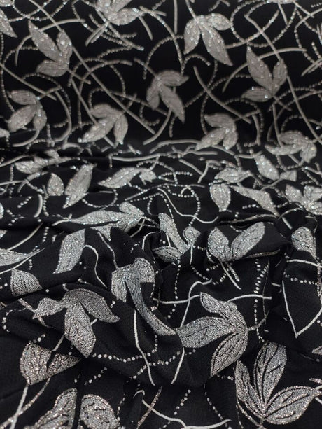 Silver Glitter Floral Black Spandex Fabric