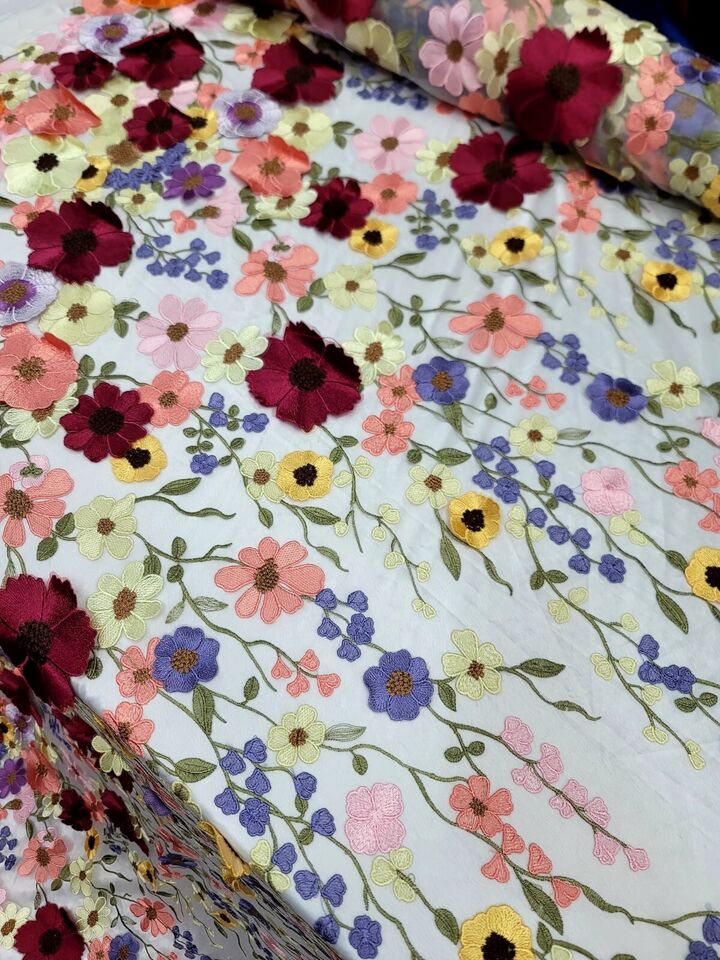 3D Multicolor Flower Lace Fabric