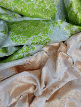 Metallic Lime Green Floral Brocade on White Organza