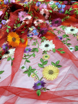 3D Flower Lace Fabric Red Mesh Multicolor