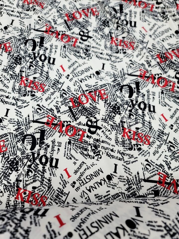 Rayon Jersey Spandex Knit Fabric - Newspaper Love Kiss Print
