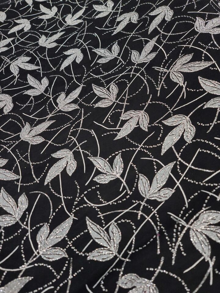 Silver Glitter Floral Black Spandex Fabric