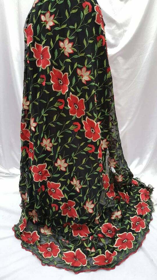 Embroidered Floral Lace on Black Stretch Mesh