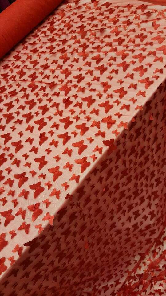 3D Satin Butterfly Embroidered Lace Red
