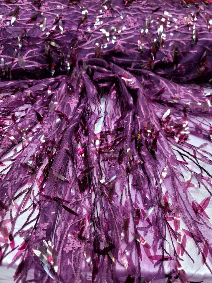Sequined Floral Lace Embroidery in Eggplant