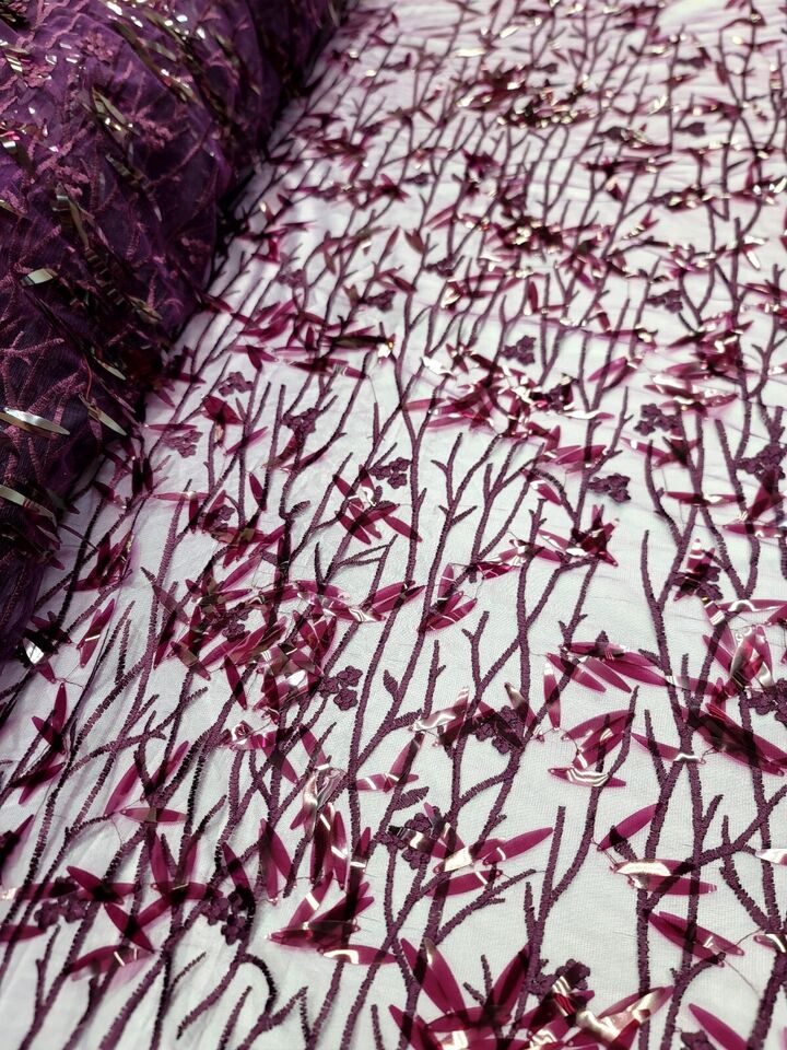 Sequined Floral Lace Embroidery in Eggplant