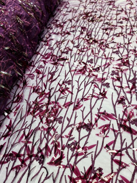 Sequined Floral Lace Embroidery in Eggplant