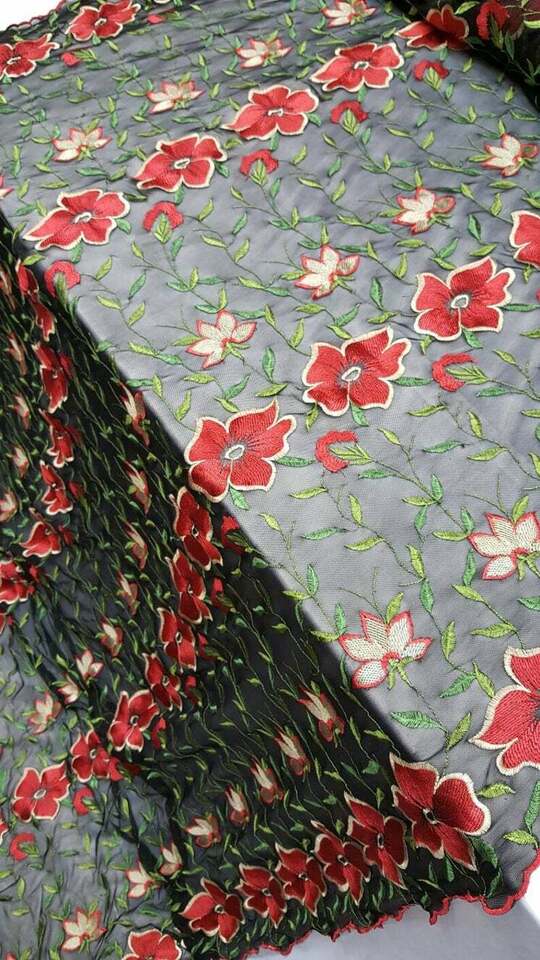 Embroidered Floral Lace on Black Stretch Mesh