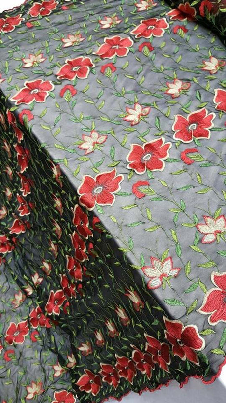 Embroidered Floral Lace on Black Stretch Mesh