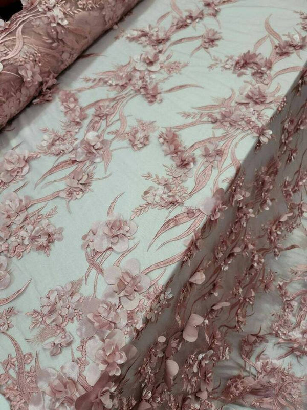 3D Floral Lace Dusty Rose Embroidered with Pearls