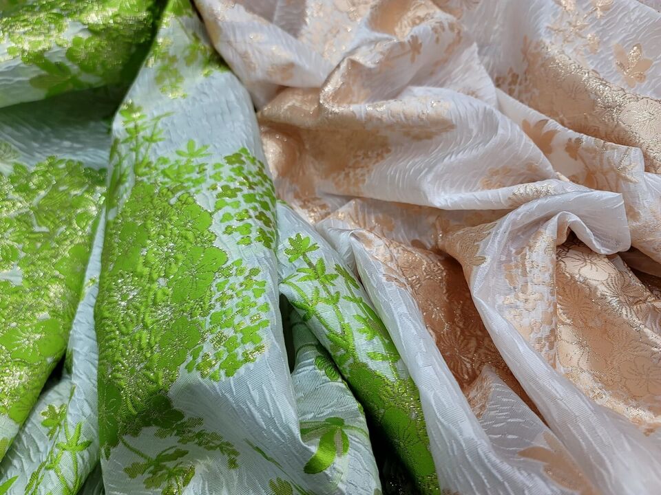Metallic Lime Green Floral Brocade on White Organza