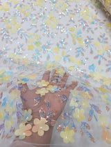 3D Floral Sequin Lace Fabric Yellow